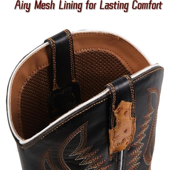 Men‘s Tan Leather Cowboy Ostrich Patter Square Toe Embroidery Western Boots